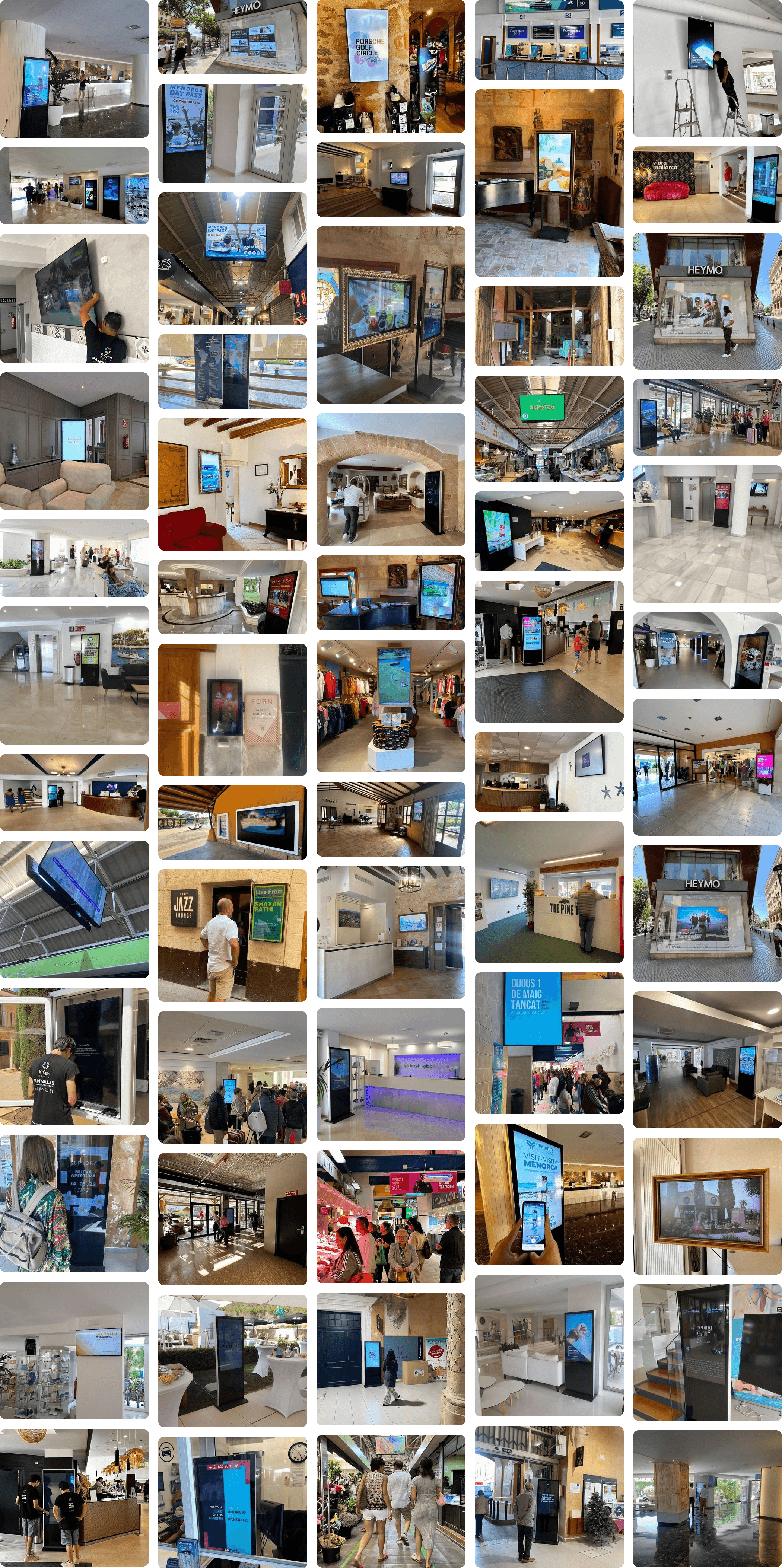 Collage de tótems y pantallas distribuidas por las tres islas Baleares en hoteles, campos de golf, mercados, rent a cars, etc.