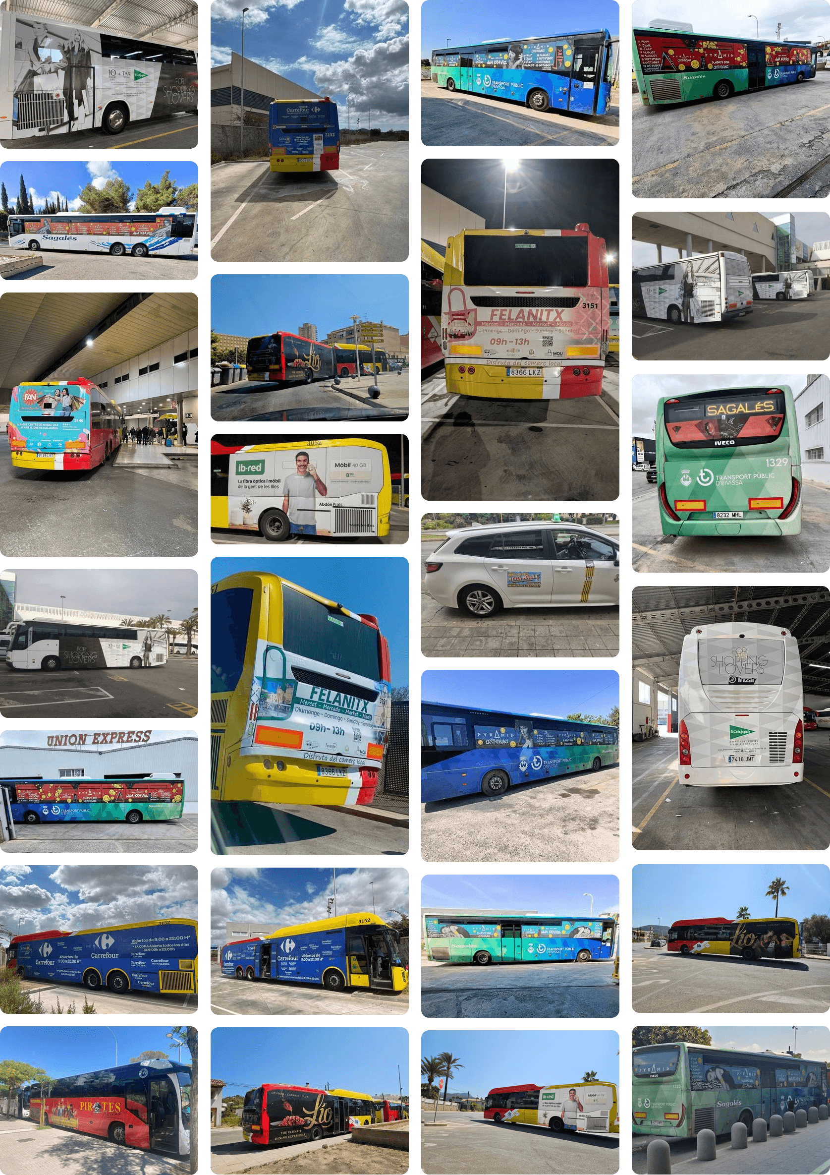 Collage de autobuses y taxis con publicidad rotulada en Mallorca e Ibiza